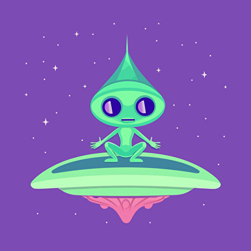 green alien, in a purple UFO, in the style of a kurzgesagt animated vector
