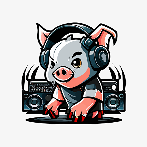 mascot logo of a dj pig, esports style, black and white, 2D vector logo, flat, white background,