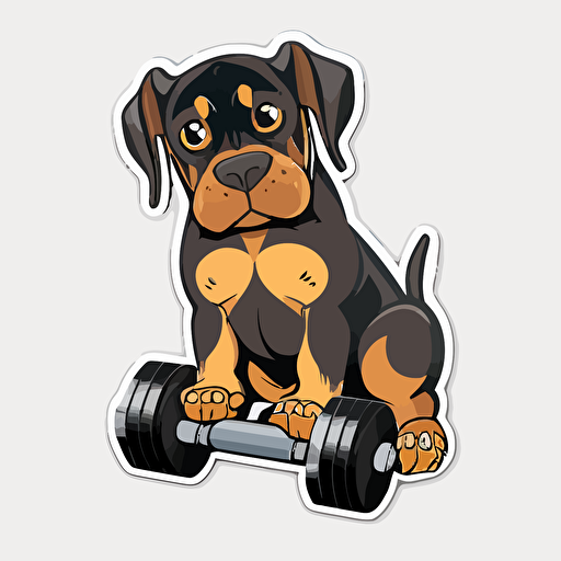 vector happy Doberman puppy sitting next to a dumbell sticker+ white background + vibrant black and brown and yellow+ cartoon