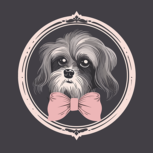 A vector logo of a Maltese for a dog grooming business, simple, memorable, sophisticated, elegant, luxurious, high-end, charming, pink, grey