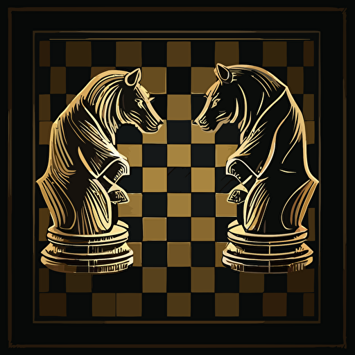 Bear and bull as chess pieces in a 4 squares chess board, vector, minimalist, black and gold logo for a wall street finance company.