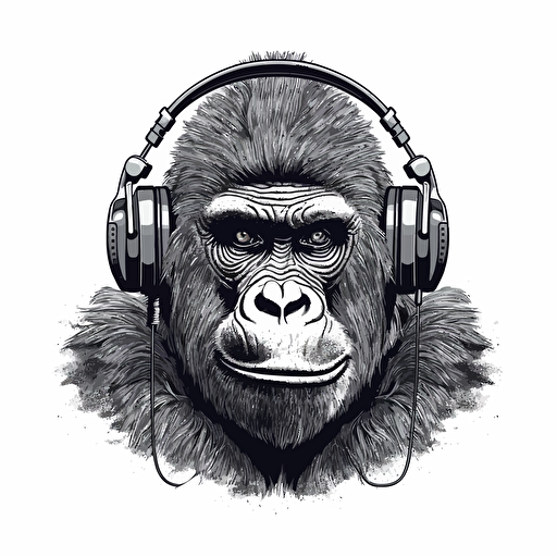gorilla wearing headphones, vector design style, no text, solid white background