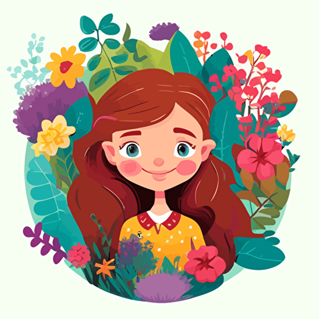 a happy young girl with adorable big brown eyes and freckles, long wavy brown hair who has a stunning colourful garden growing from her brain. vector
