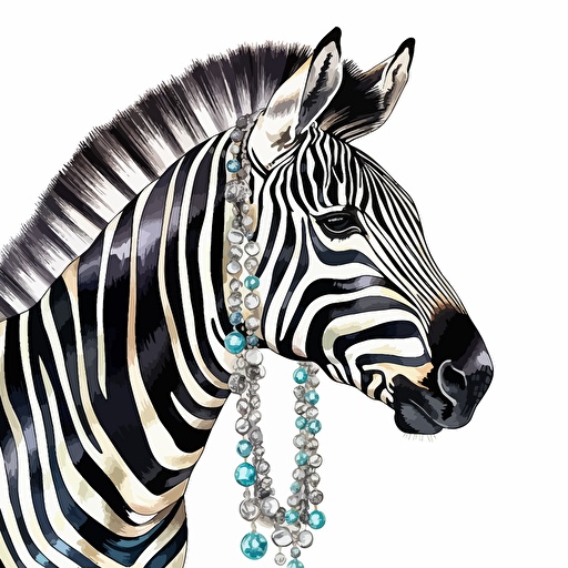 zebra, jewelry, detailed, cartoon style, 2d watercolor clipart vector, creative and imaginative, hd, white background