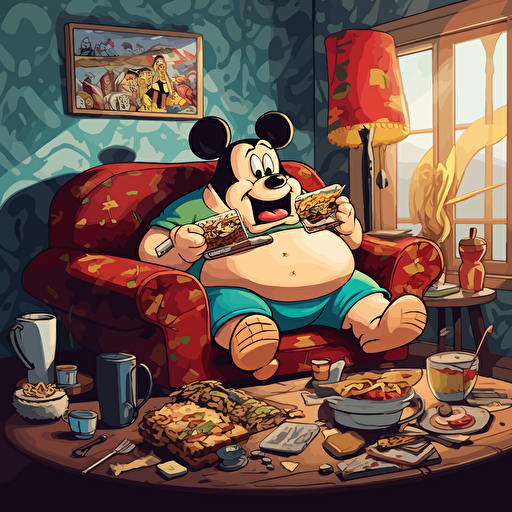 sad, obese Mickey mouse sitting on couch watching TV in his boxers. Giant burger on the table. Trashy apartment. High detail. 16k. Vector image. Black background. Five o clock shadow.
