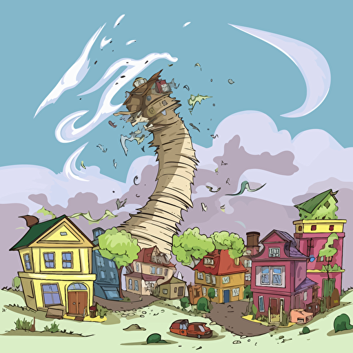 tornado sweeping through town, award winning cartoon drawing, clipart, animation, bright colors, vector
