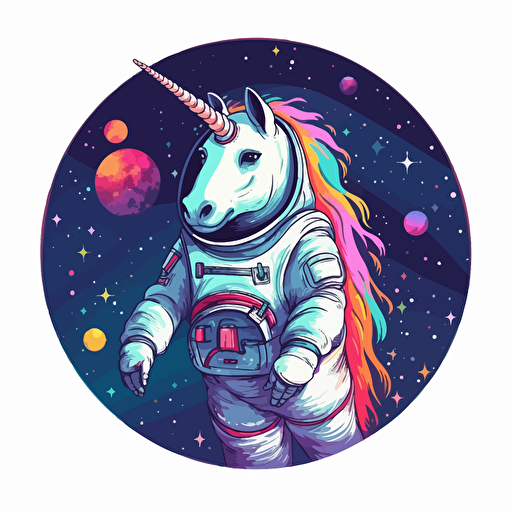 anthropomorphic unicorn in an astronaut suit riding a rainbow in space, vector style. design in circle. transparent background