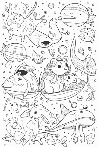 colouring book for kids, set of different animals separated by a space, cartoon style, vector, few details, no shadow, black and white