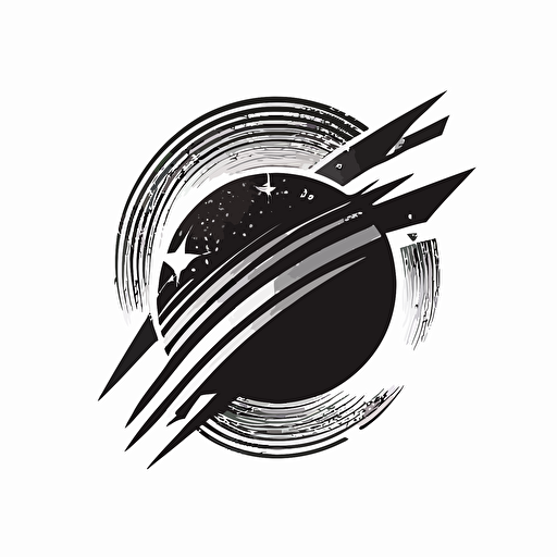 Simple abstract shapes, logo symbol, shining star over planet in space in a sphere, extremely simple geometric shapes, stamp, black and white, vector, minimalistic,