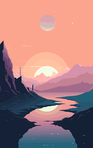 Vector design Minimal Hiroshi Nagai Inspired Clean and minimalistic styleScene depicting a [alien moutain with jupiter and ocean and clear sky][PASTEL and warm color scheme]