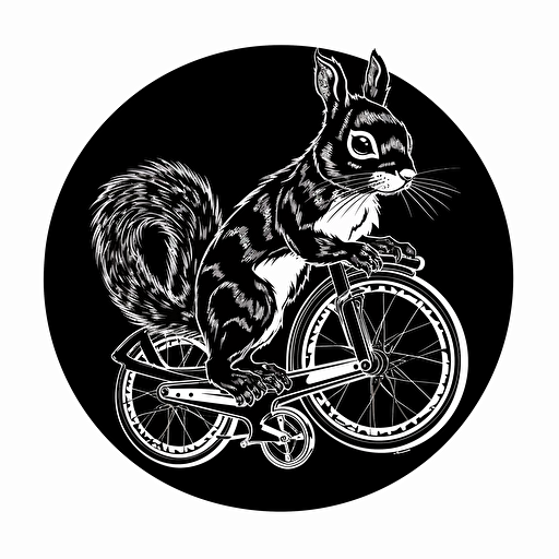 cyber punk black squirrel, vector, logo, white background, bicycle rim border, clipart style,