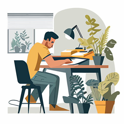 A man in casual dress attire sitting at a drawing table, writing a letter. Behind him are potted plants, and the room is an office. flat style illustration for business ideas, flat design vector, industrial, light color pallet using a limited color pallet, high resolution, engineering/ construction and design, colored cartoon style, light indigo and light gold, cad( computer aided design) , white background