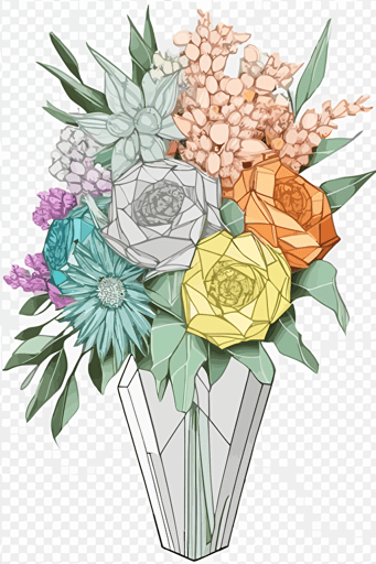 svg vector drawing, crystal flower bouquet, pale sublte colors, thick crisp black outline, white background