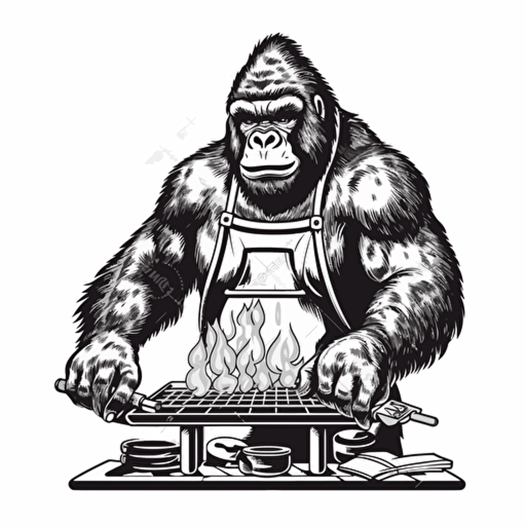 black and white gorilla cooking burgers on a chargrill , vector style with white background