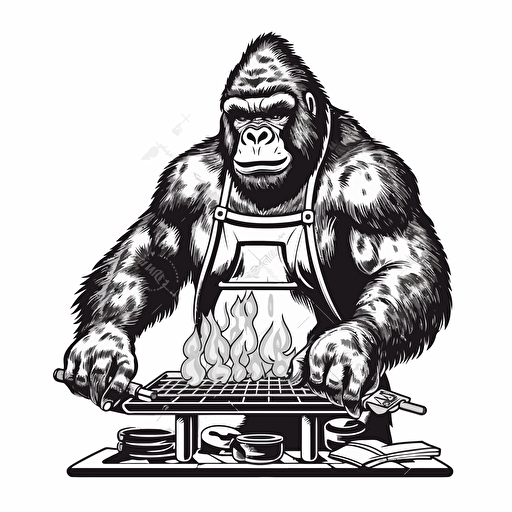 black and white gorilla cooking burgers on a chargrill , vector style with white background