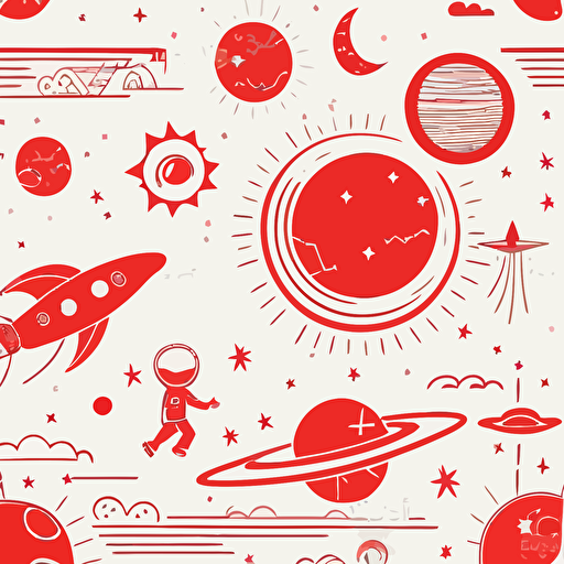 kids wall paper texture seamless white background red line drawing spaceships stars planets minimalist vector