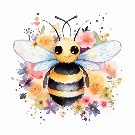 cute watercolor bee with flowers, vector