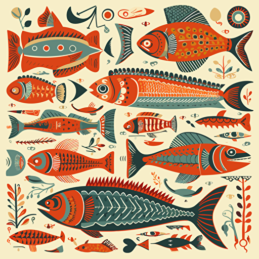 Folk art flash sheet, warm color palette, vector, sixteenth century fish