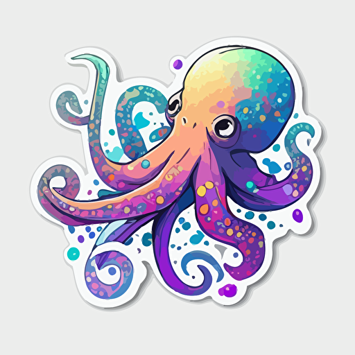 Octopus, Sticker, Joyful, Flashy Colors, Anime, Contour, Vector, White Background, Detailed