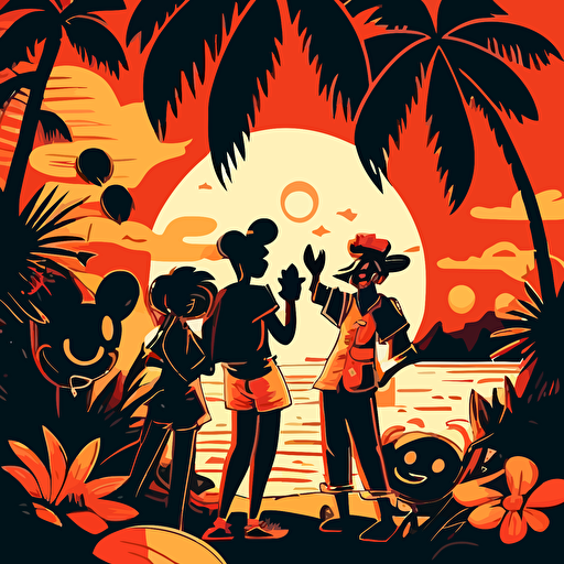 Disney cartoon style, lo-fi art illustration, party in Hawaii at sunset, contrast colors, shadows, good vibes, happy, tropical, vector,