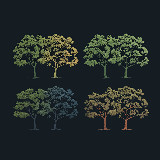 five color logo of four different oaks trees, side by side, it has to be asymmetric, simple, elegant, green color palette, on a dark gray #444654 background, design is vector style,