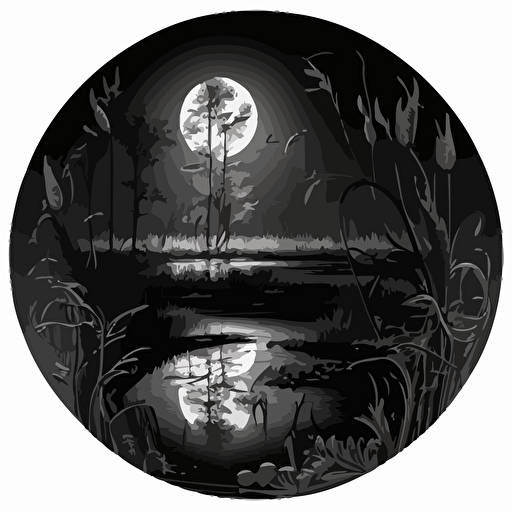 fantastical swamp drawing, monotone, single layer, no shadows, #000000, 700mm diameter perfect circle, black outer border, vector art, night time