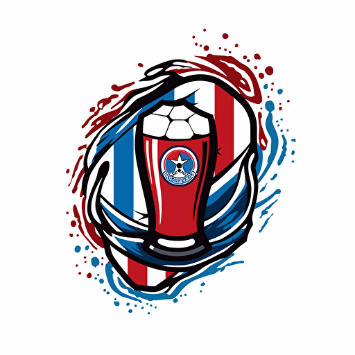 soccer logo club with soccer ball falling into a glass of beer, red and blue stripes, modern, white background, vector,