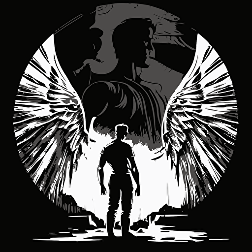 half heaven scenary with angel in background and half hell with demon in background encapsulate inside circle black and white Francesco Francavilla vector