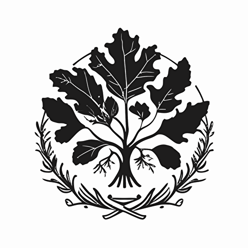 a simple vector black and white logo of a crown with oak branches growing from it