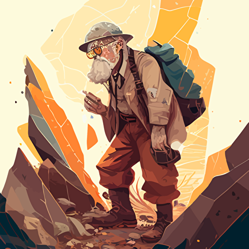 a geologist that looks lost but is actually prospecting for rocks in a vector art style