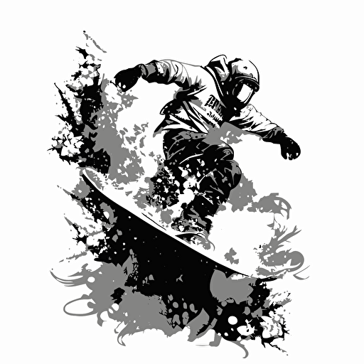 snowboarding vector art, black and white only, detailed
