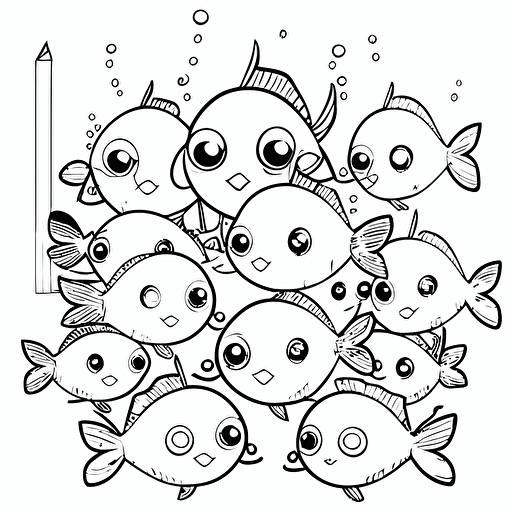 simple cute fishes at school, to color for kids, black and white, lineart, thin line, clear edge, vector