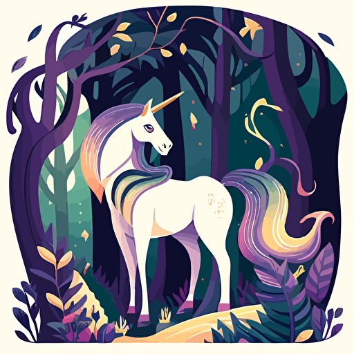 Lila, a beautiful unicorn with a rainbow-colored mane and a shimmering golden horn, standing in a vibrant and enchanting forest filled with fairies, elves, and talking animals, friendly face in the style of David Mckee, 2D, flat, vector