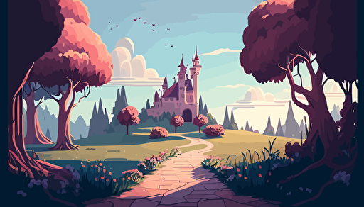 vector unreal render landscape with a path to a castle like magic kingdom bright morning sky, no trees, flowers, lush greenery and dappled sunlight,