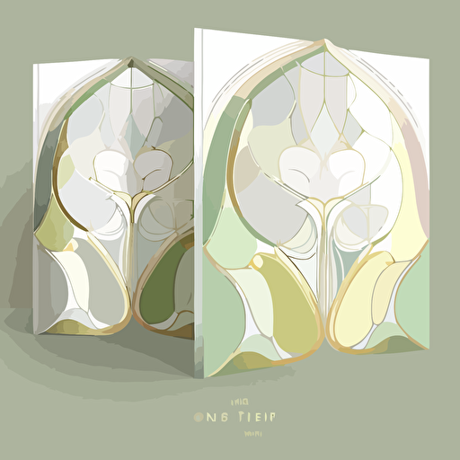 wedding booklet design. asymmetry. Stained glass petal art front page. Muted colors. Light green, gold, white. Minimalistic. Flat vector illustration.