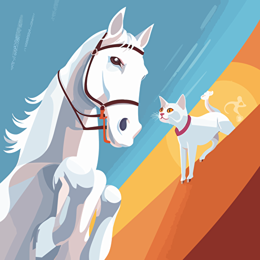 An illustration of a cat that American Shorthair with orange stripes on a white background and a horse that sky-blue furred with white skin climbing in artificial climbing wall, bright sunny day, cheering crowd below, Vector illustration with a clean, modern style, created using Adobe Illustrator, 1:1 ratio,