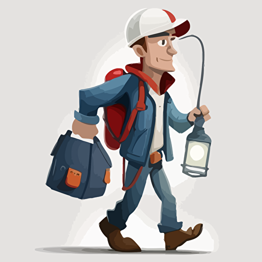 Vector cartoon of a field engineer wearing a white hardhat, dark blue jacket, and work shoes, gripping a long flashlight, accompanied by a red bag hanging from their arm. extreme simple, White Background. Vector cartoon.