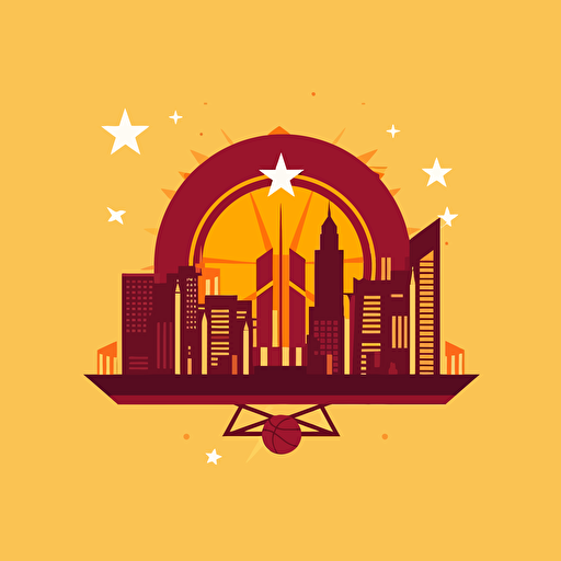 flat vector NBA Logo, Socialist realism, city skyline, burgundy and yelllow, hammer and sickle, star, basketball