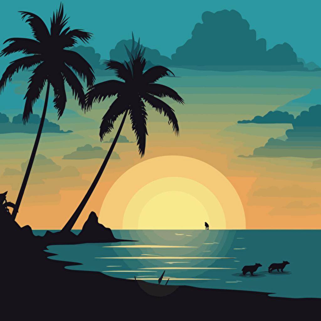 flat vector silhouette of a tropical beach scene