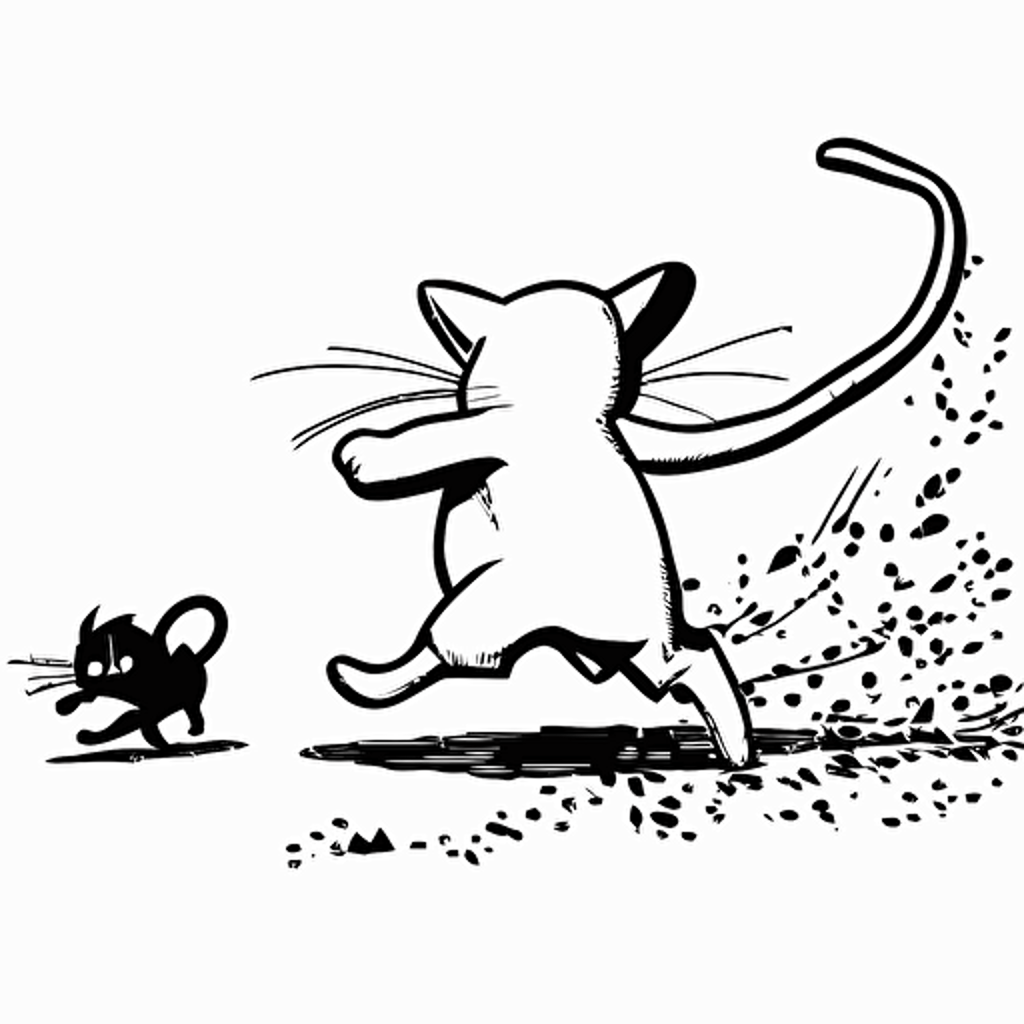 cat running after a mouse, pixar style, outline and simple shapes, black and white comic book flat vector coloring page, white background