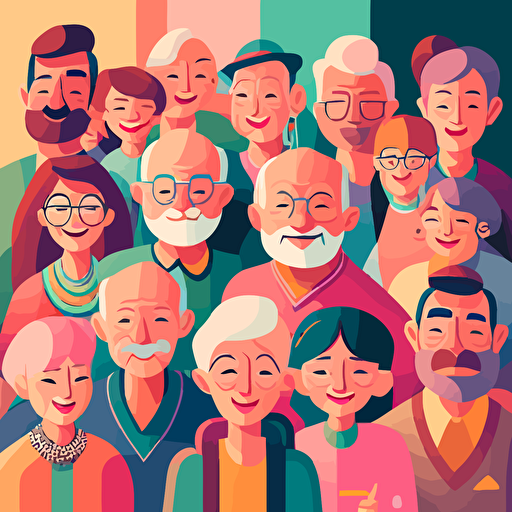 a group of 50 years old people working on a community project, smiling, pastel colours, abstract vector illustration well defined style