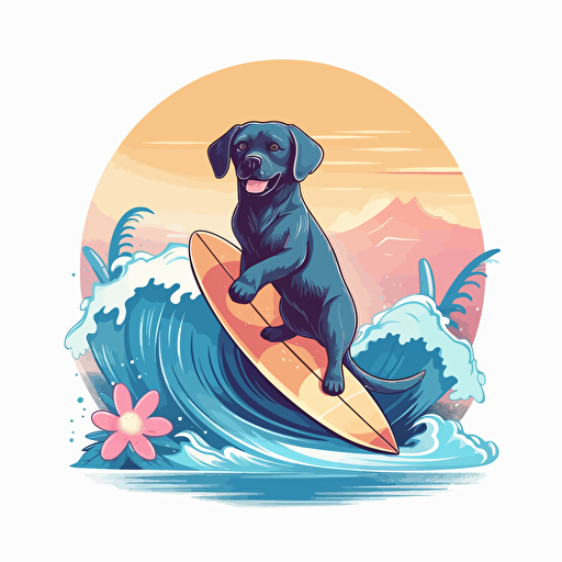 cute labrador riding a malibu surfboard on a wave, design, tropical, 2d, vector, white background
