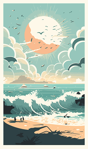 vector illustration of a beach and a beautiful sun with foamy waves, sharp and well drawn figures style Jak Vetriano , Emiliano Ponzi, Emilio Tadini, v5