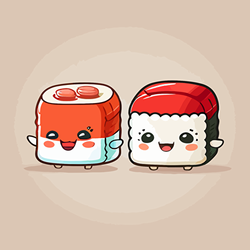 two cute sushi smilling red and white. Vector style. 2D. Drawing.