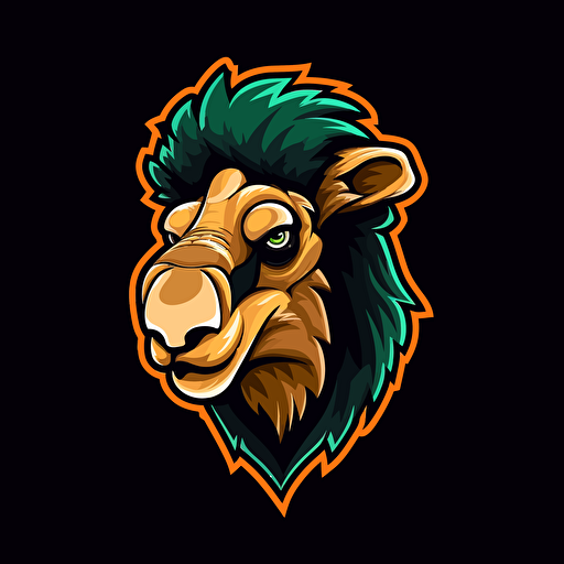 make a camel mascot logo design with hacking elements, esport logo, brutal, strong, colors like black, orange, red, shades of green, and some colors that are usually used in esport logo, falt vector, great details, solid background
