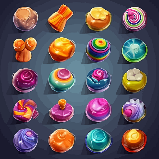 design me a set of 2d vector colorful candies for match 3 games, high quality and detail, octane render, artstation, behance