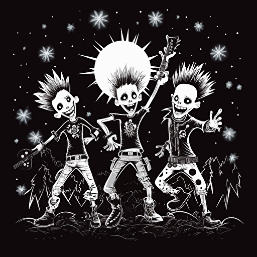 a punk vector cartoon illustration of 3 happy people dancing to folk music in the night. using white color. Black background.