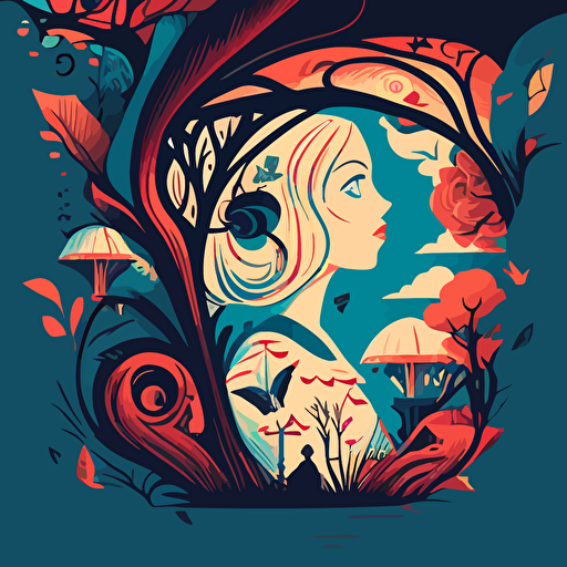 vector style illustration inspired by Alice in wonderland for book cover