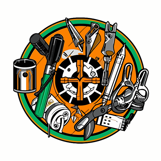 logo for private first aid, instruments, vector art, orange, black, green and white,