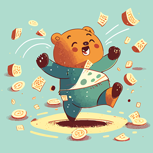 a vector image of a cute bear dancing and eating pastries with money floating around him